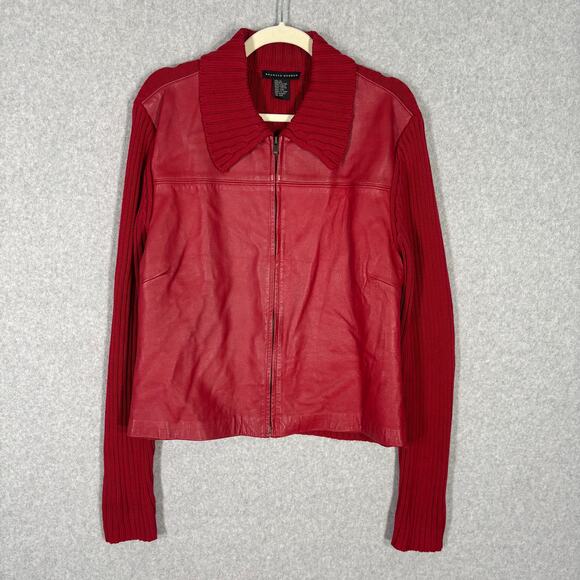 Maurice Sasson Leather Jacket XL Moto Knit Bomber Sweater 90s Y2K Sporty Trucker - Picture 1 of 9